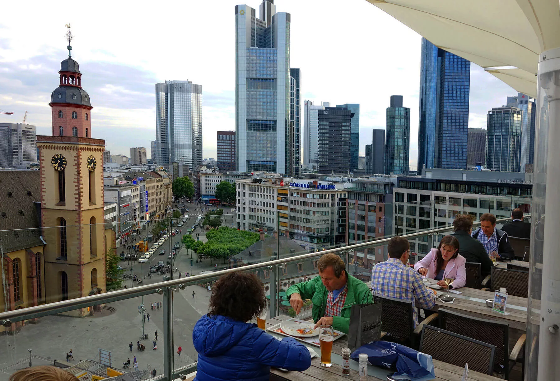 All over Europe, towering department stores offer great cafeteria lunches with rooftop views for no extra charge — like this one from Frankfurt’s Galeria Kaufhof