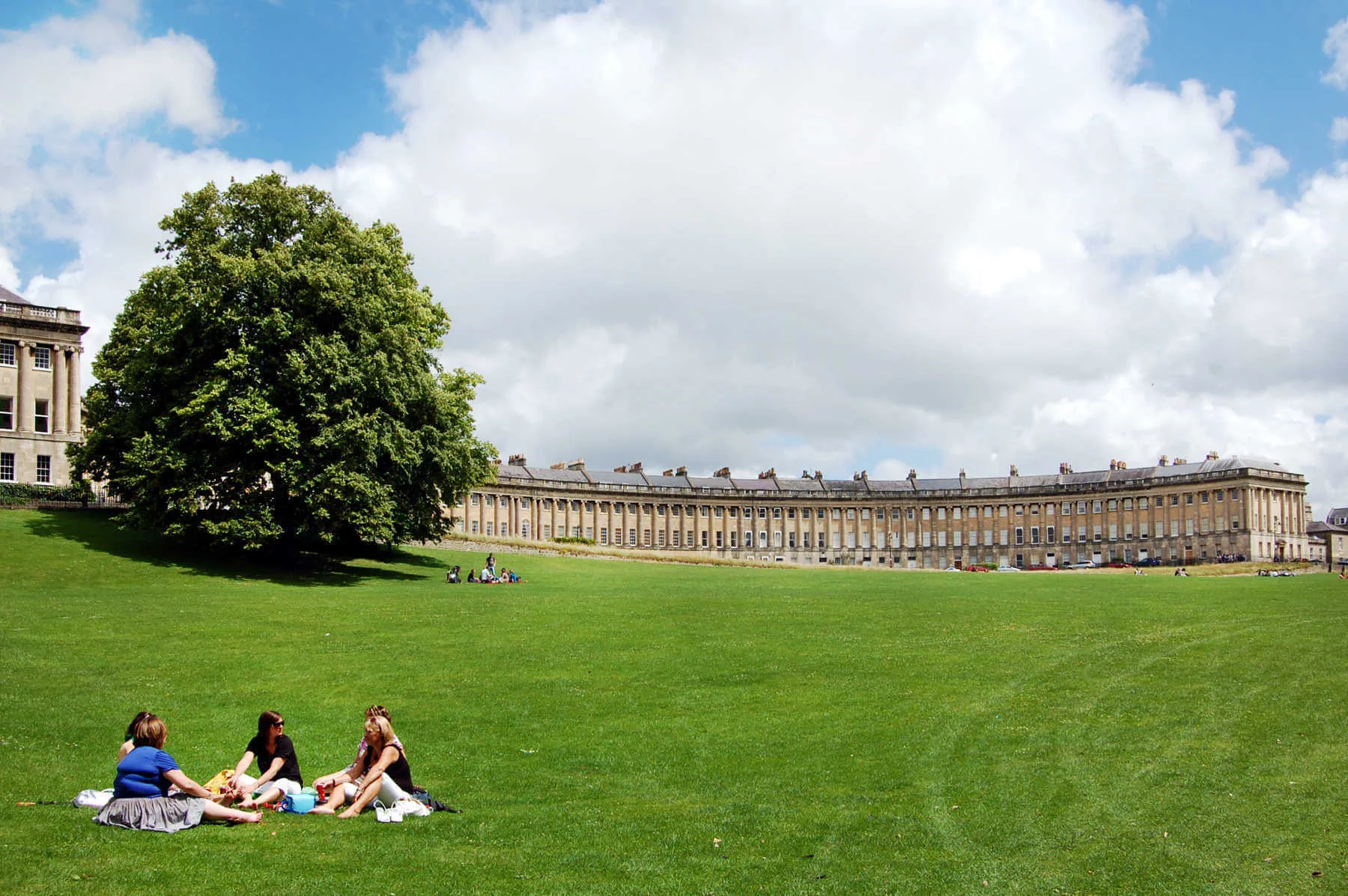 A big, grassy park edges Bath's Royal Crescent, which contains some of England's finest Georgian homes