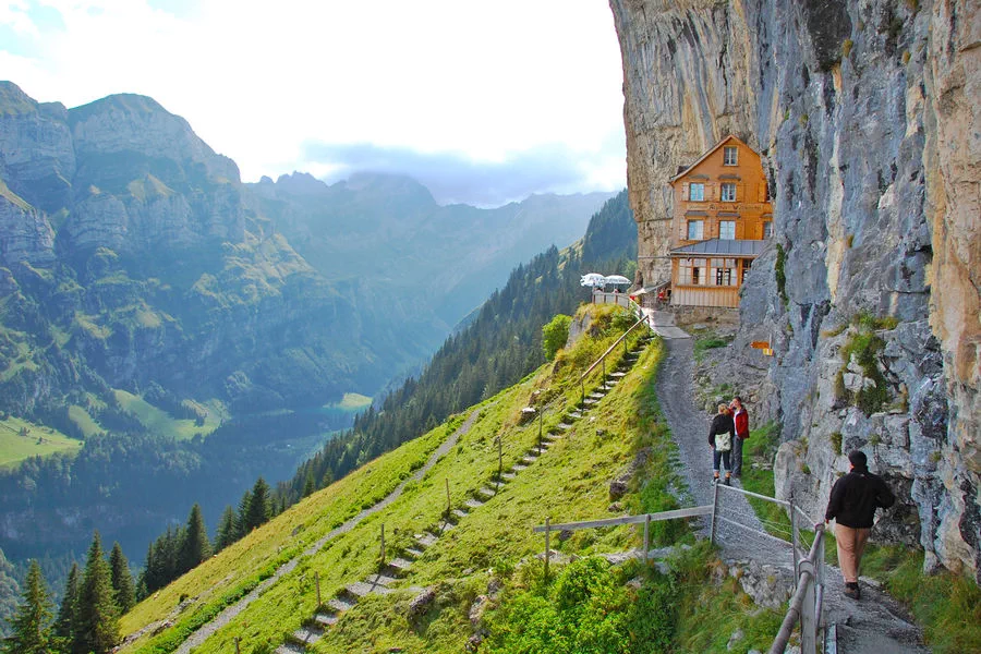 A humble guesthouse built into the vertical cliff side of Appenzell's Ebenalp summit once housed pilgrims who hiked up to pray